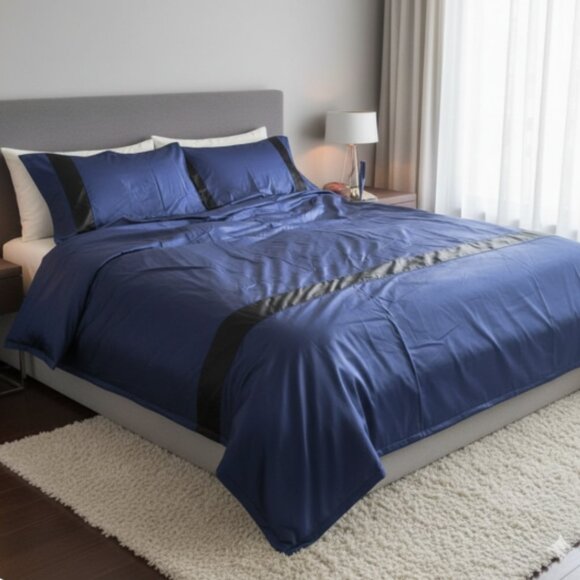 NWOT CALVIN KLEIN Blue and Black 100% COTTON DUVET COVER PILLOWCASE SET-QUEEN - Picture 1 of 7